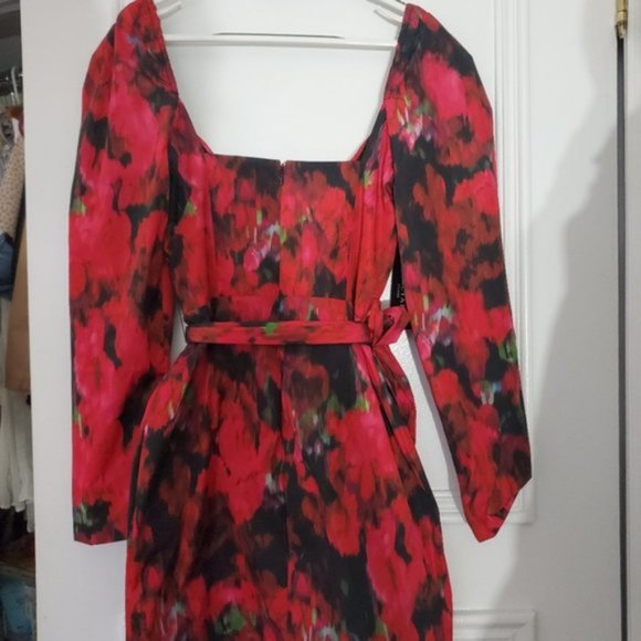 Marciano Guess "Red Rhapsody" 60s Style Satin Smooth Floral Puff Shoulder Dress - Picture 8 of 16